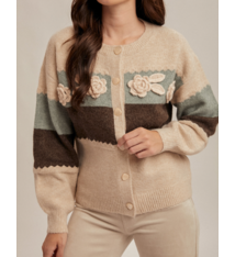 Hem & Thread COLOR BLOCK ROSETTE DETAILED SWEATER CARDIGAN