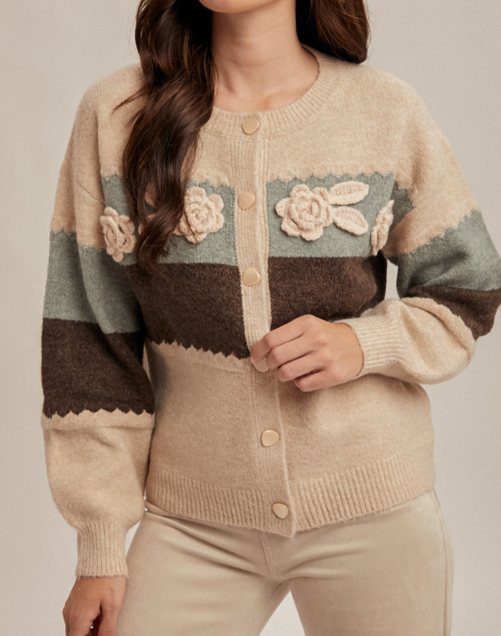 Hem & Thread COLOR BLOCK ROSETTE DETAILED SWEATER CARDIGAN