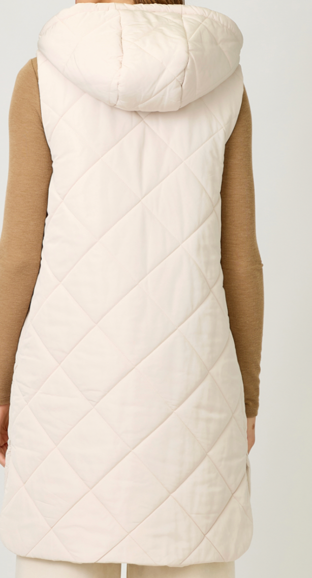 Mystree Quilted Puffer Long Hoodie Vest- Ivory