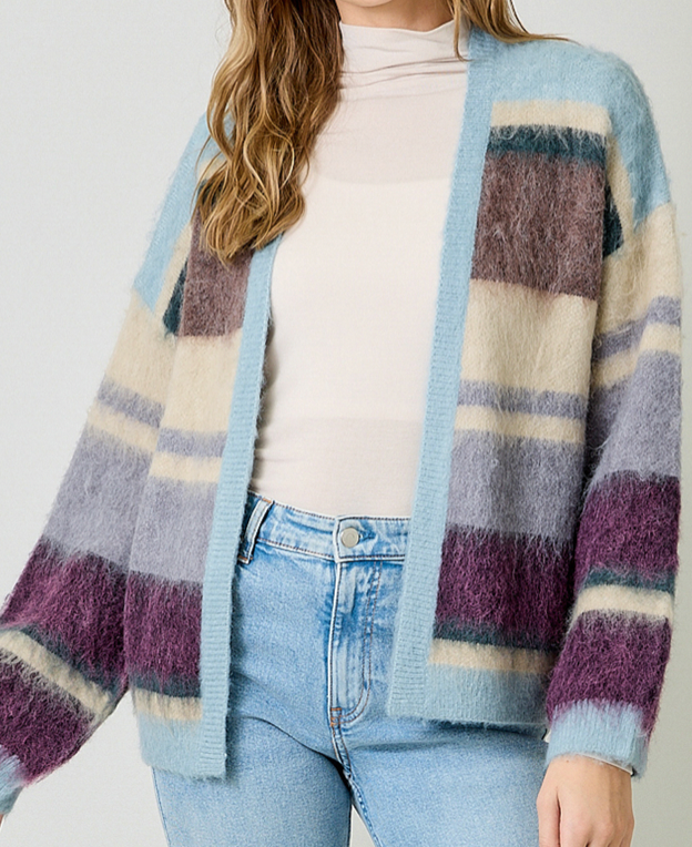 Mystree Color Blocked Open Sweater- Blues