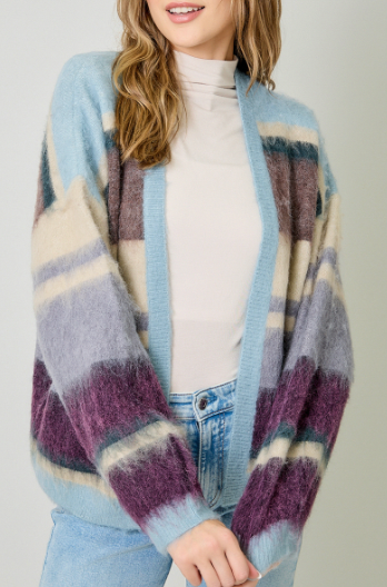 Mystree Color Blocked Open Sweater- Blues