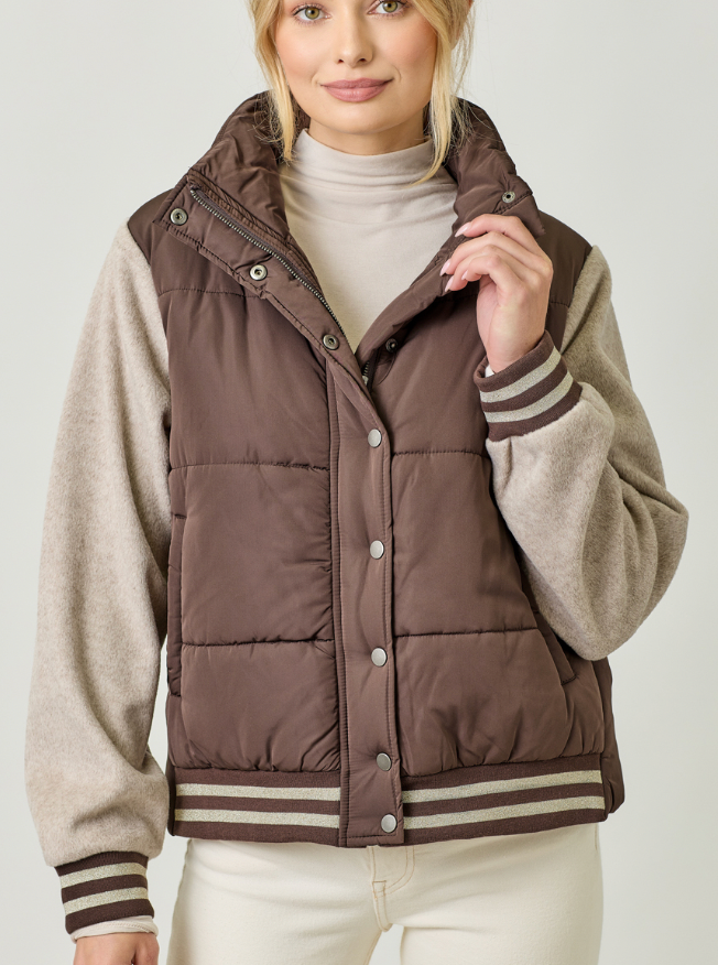 Mystree Mixed Media Puffer Jacket- Choco