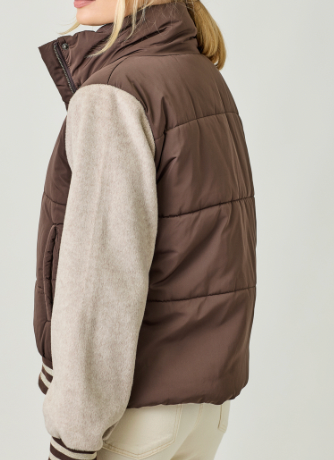 Mystree Mixed Media Puffer Jacket- Choco