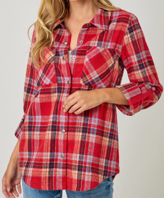 Mystree Plaid Shirt Jacket- Red
