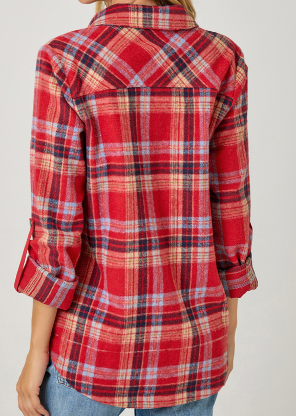 Mystree Plaid Shirt Jacket- Red