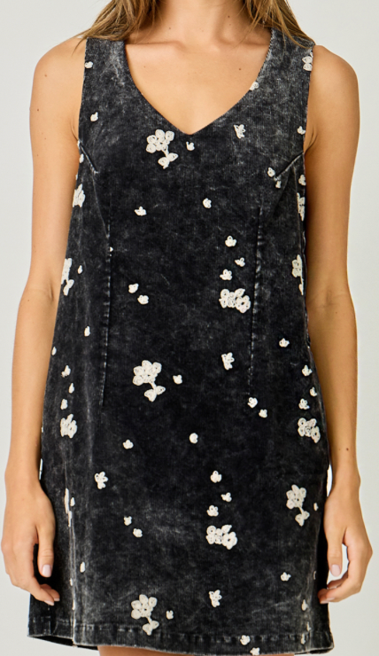 Mystree Embroidered Cord Shift Dress- Black