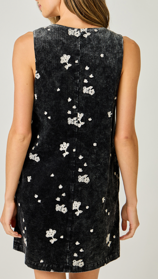 Mystree Embroidered Cord Shift Dress- Black