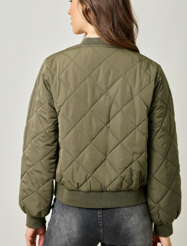 Mystree Quilted Bomber Jacket- Olive