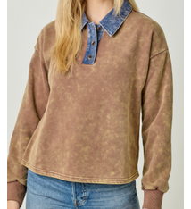 Mystree Denim Collar Washed Polo Shirt