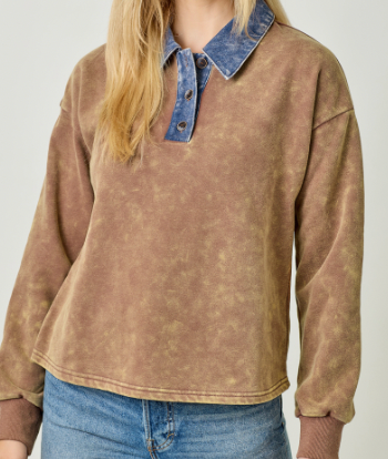 Mystree Denim Collar Washed Polo Shirt