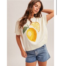 Hem & Thread Crewneck Short Sleeve Lemon Motif Sweater