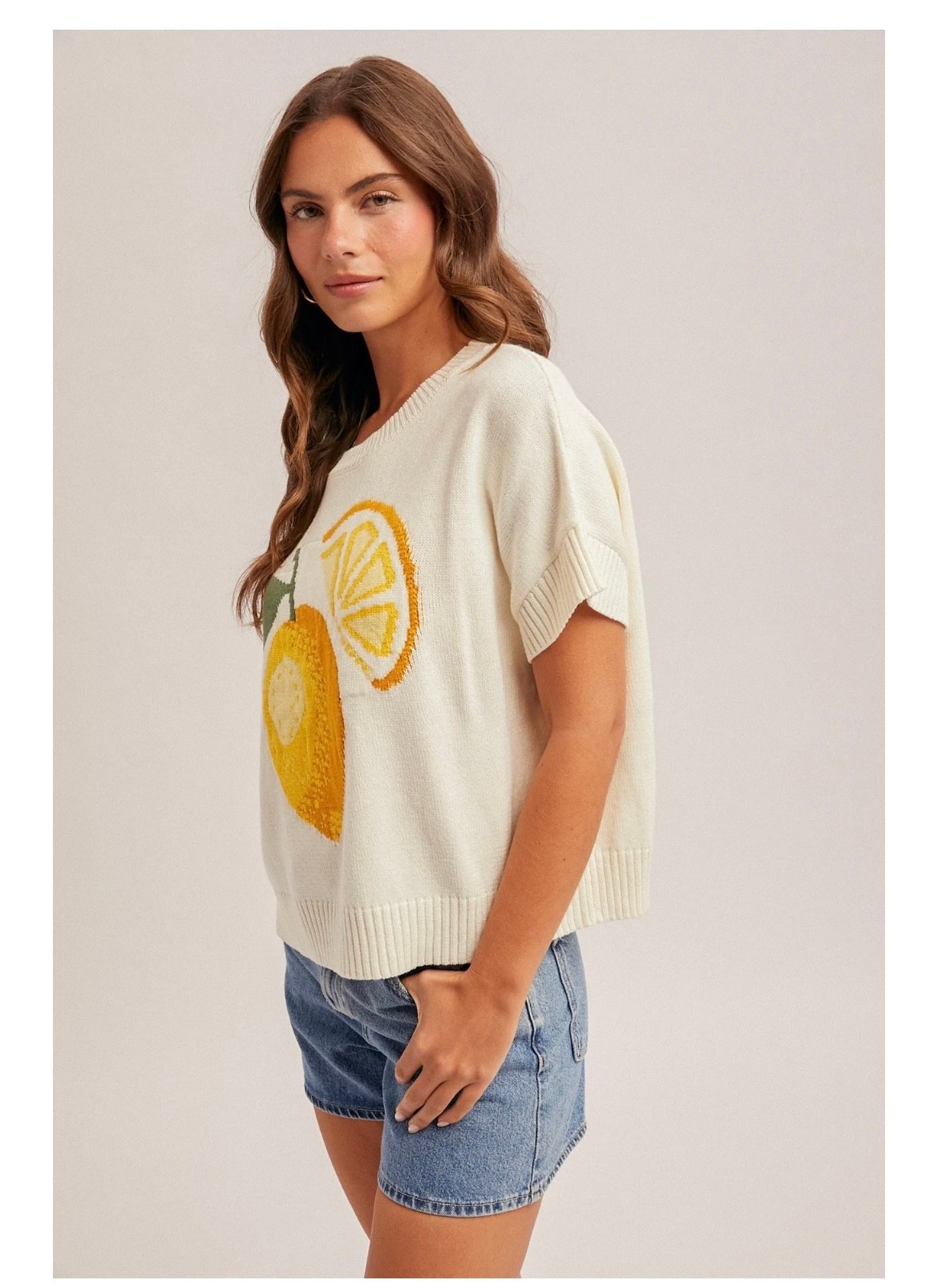 Hem & Thread Crewneck Short Sleeve Lemon Motif Sweater