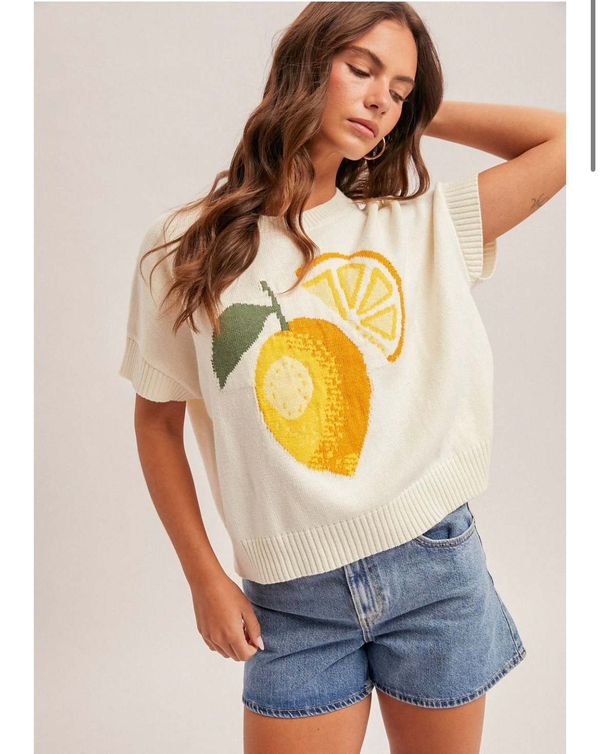 Hem & Thread Crewneck Short Sleeve Lemon Motif Sweater