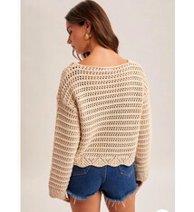 Hem & Thread Boatneck Wide Long Sleeves Scalloped Hem Open Knit Sweater