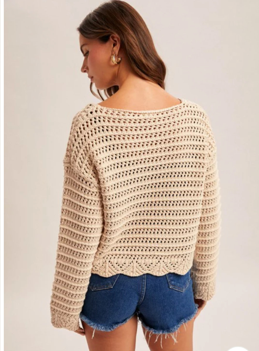Hem & Thread Boatneck Wide Long Sleeves Scalloped Hem Open Knit Sweater