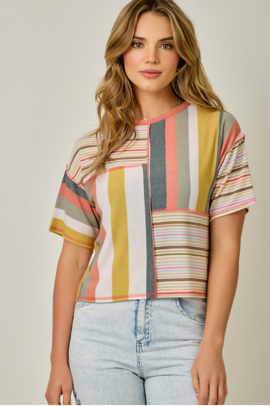Mystree Relaxed Short Sleeve Mixed Stripe T-Shirt
