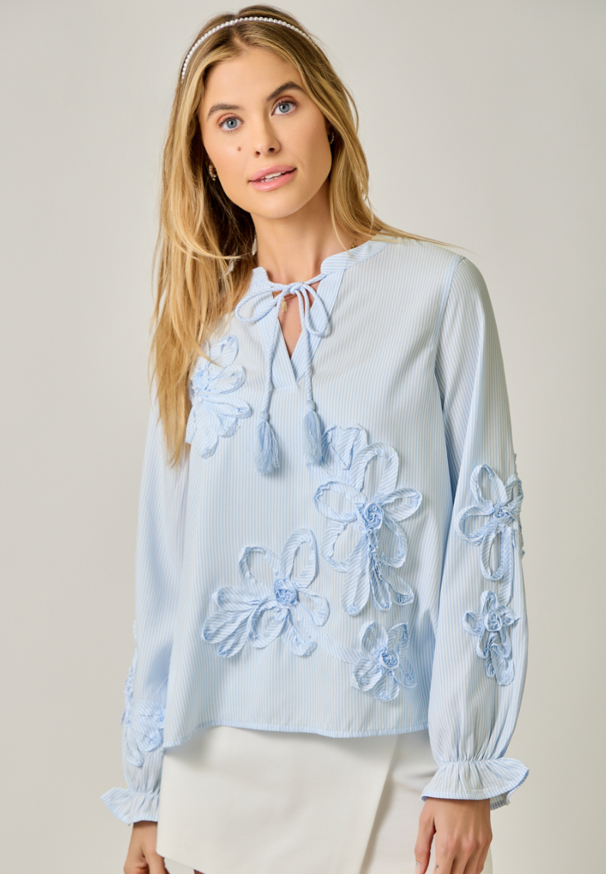 Mystree 3D Floral Embroidery Motif Front Tie Detailed Blouse