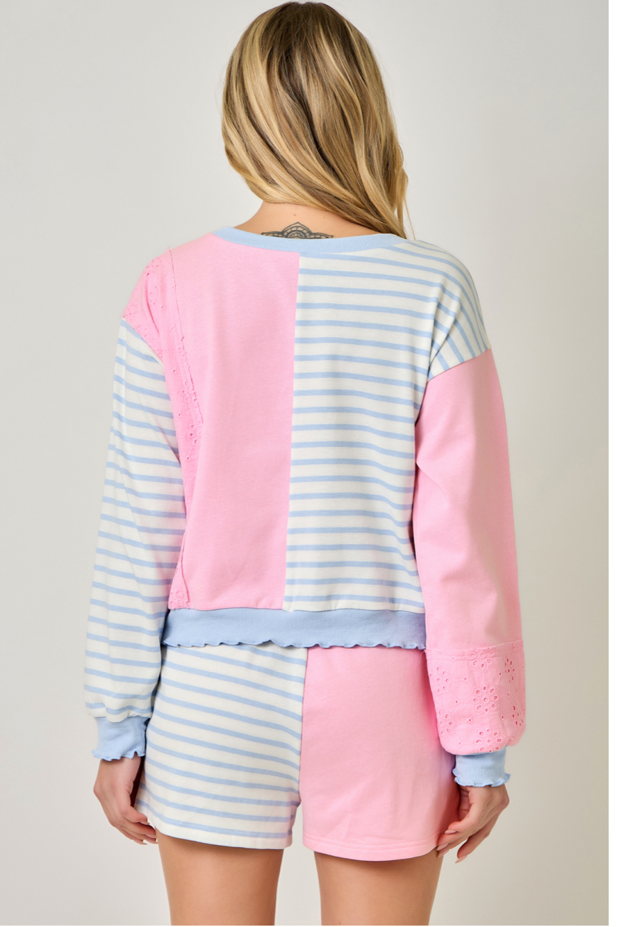 Mystree Pullover with Eyelet Contrast and Lettuce Hem