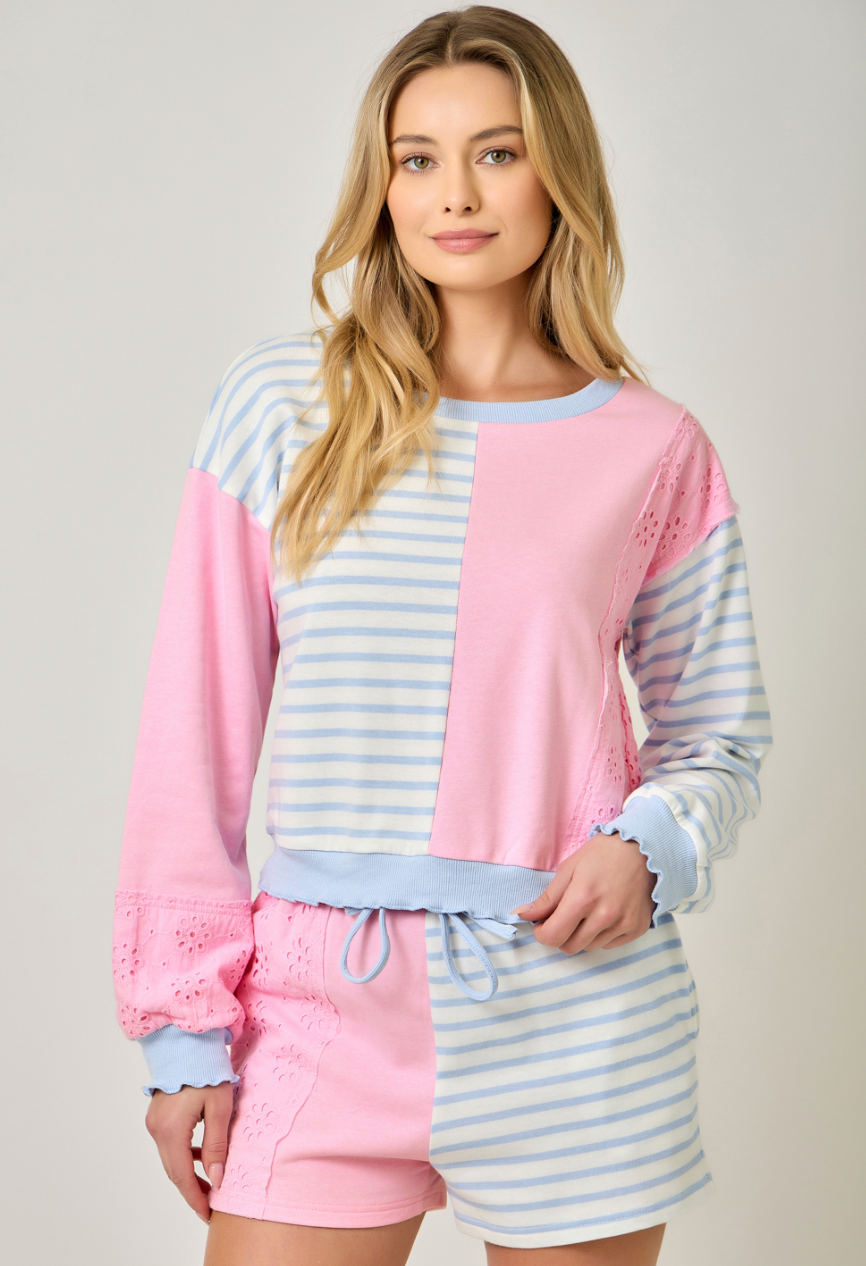 Mystree Pullover with Eyelet Contrast and Lettuce Hem