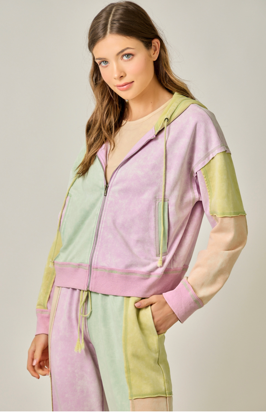 Mystree Color Block Zip Up Hoodie
