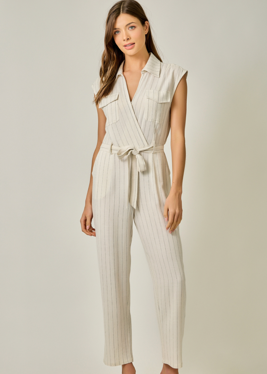 Mystree Belted Pinstripe Jumpsuit