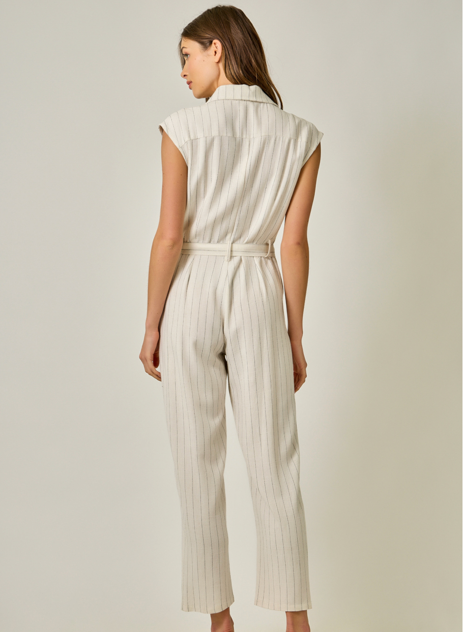 Mystree Belted Pinstripe Jumpsuit