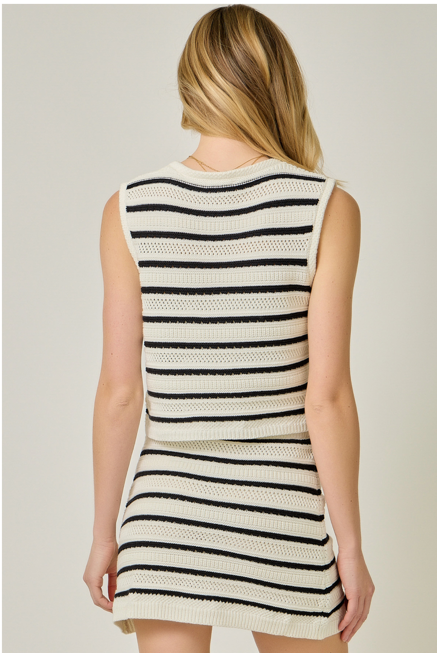 Mystree Nautical Stripe Front Button Knitted Vest with Welt Pocket and Buttons