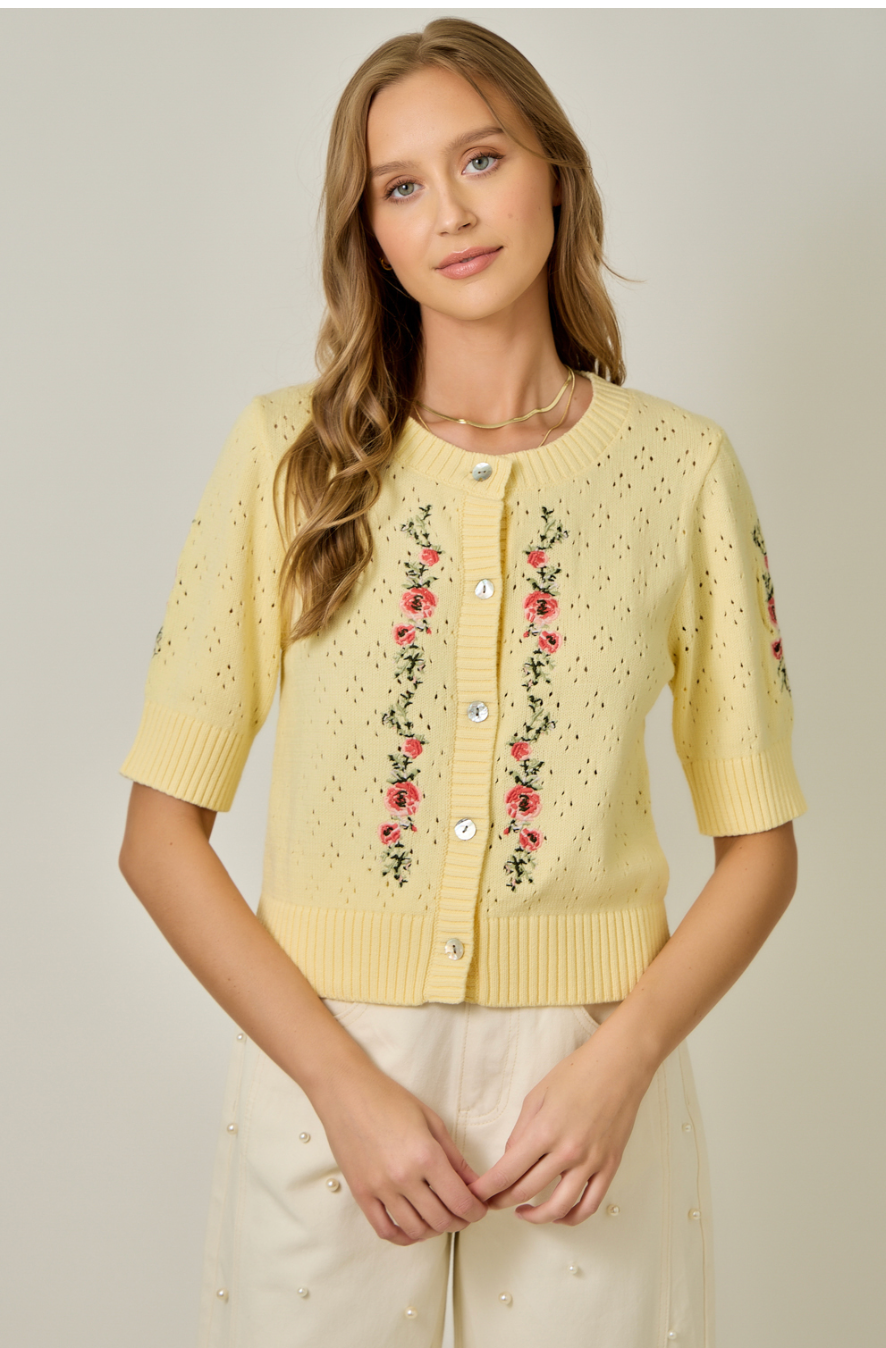 Mystree Short Sleeve Knit Floral Cardigan- Lemon