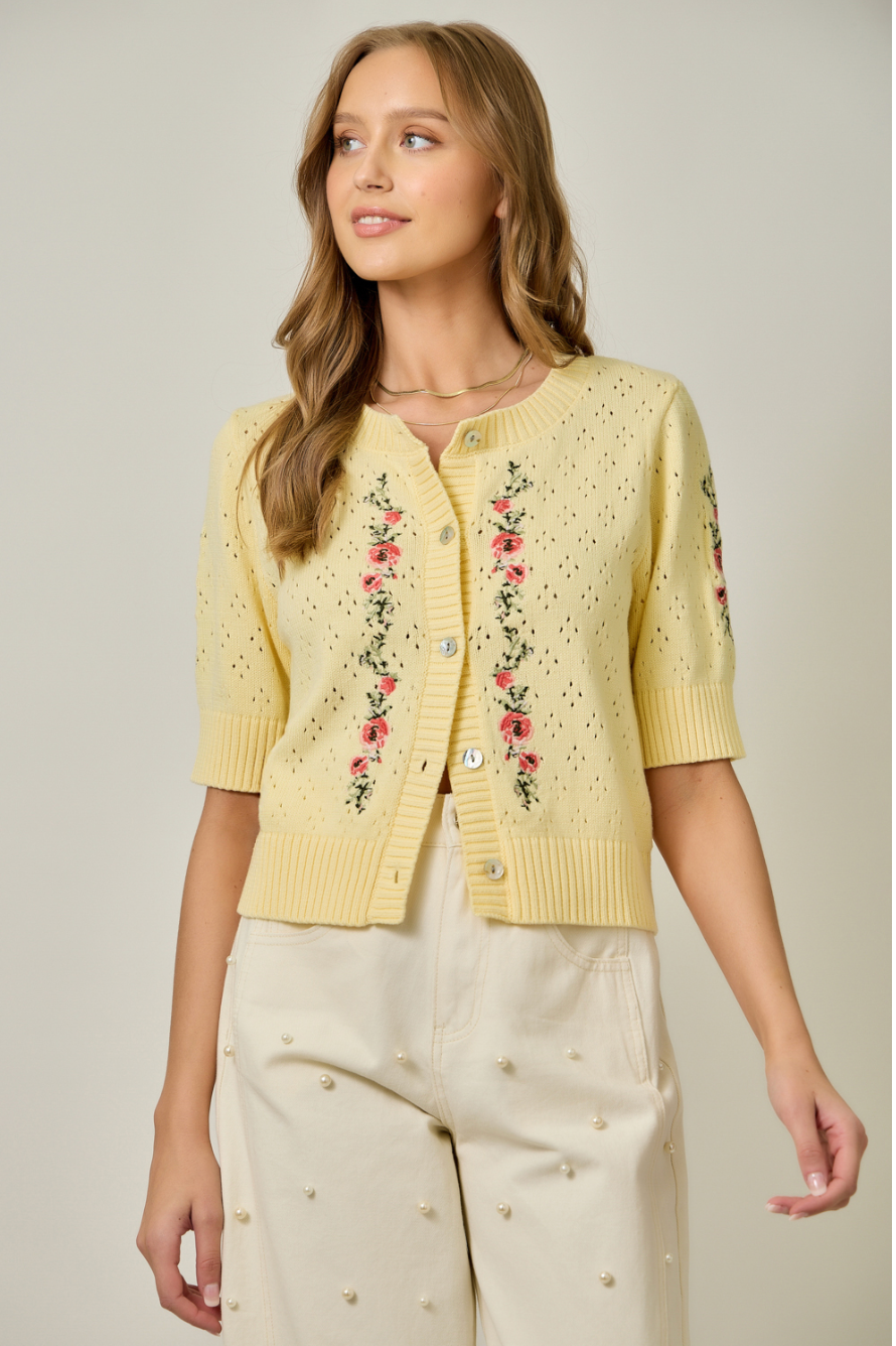 Mystree Short Sleeve Knit Floral Cardigan- Lemon