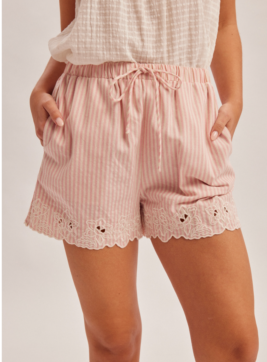 Hem & Thread Elasticated Waist Ribbon Tie Embroidery Shorts