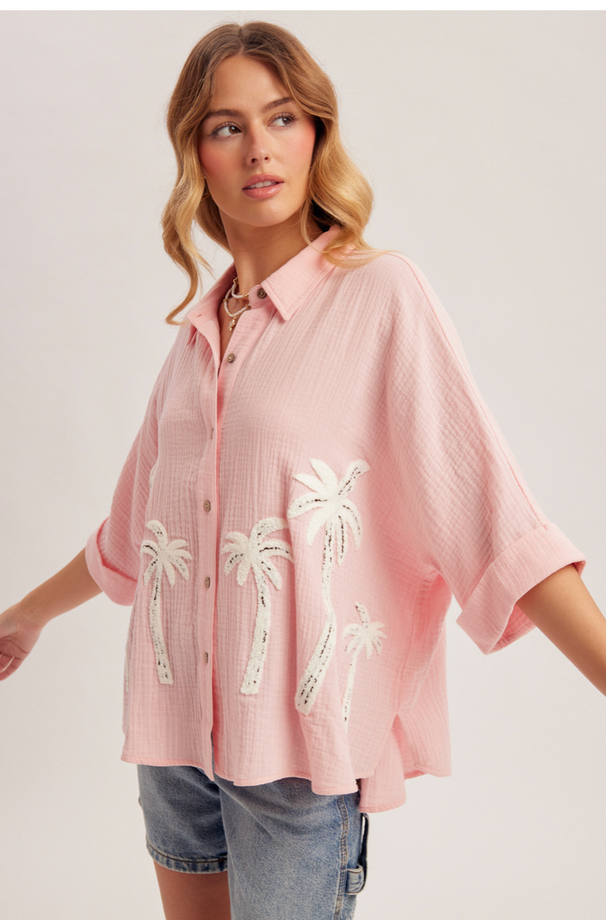 Hem & Thread Palm Tree Embroidered Oversized Gauze Shirts