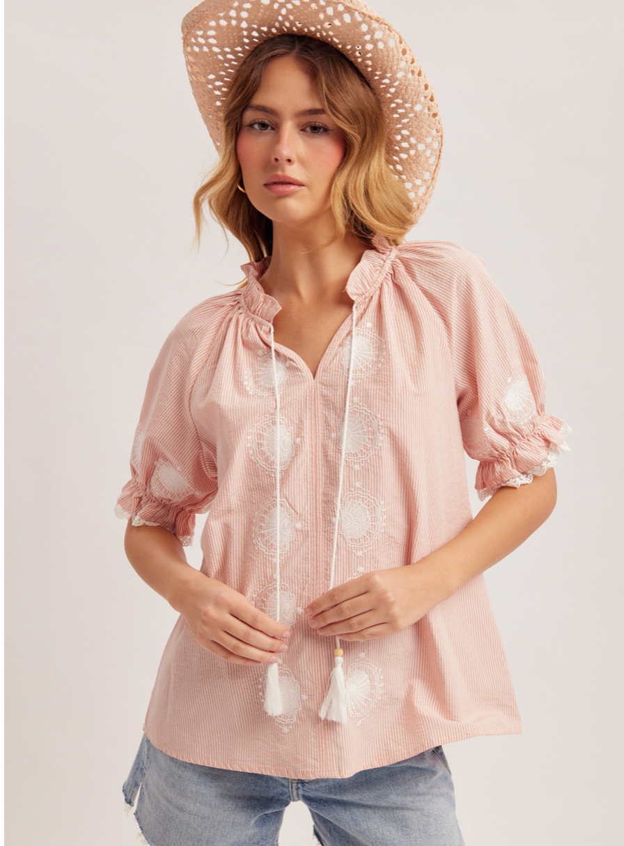 Hem & Thread Seashell Embroidered Stripe Blouse