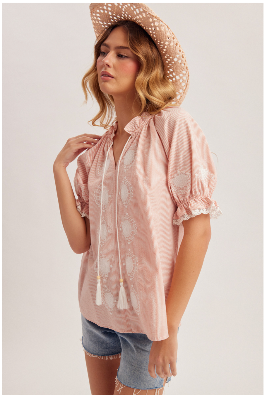 Hem & Thread Seashell Embroidered Stripe Blouse