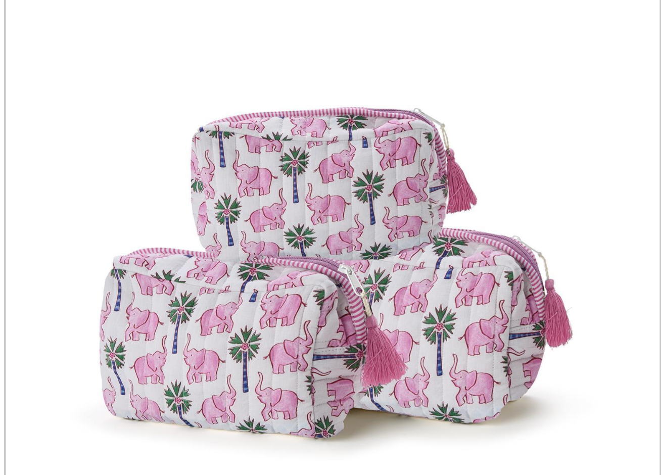 Two's Company Quilted Elephant Print Cosmetic and Accessories Pouch