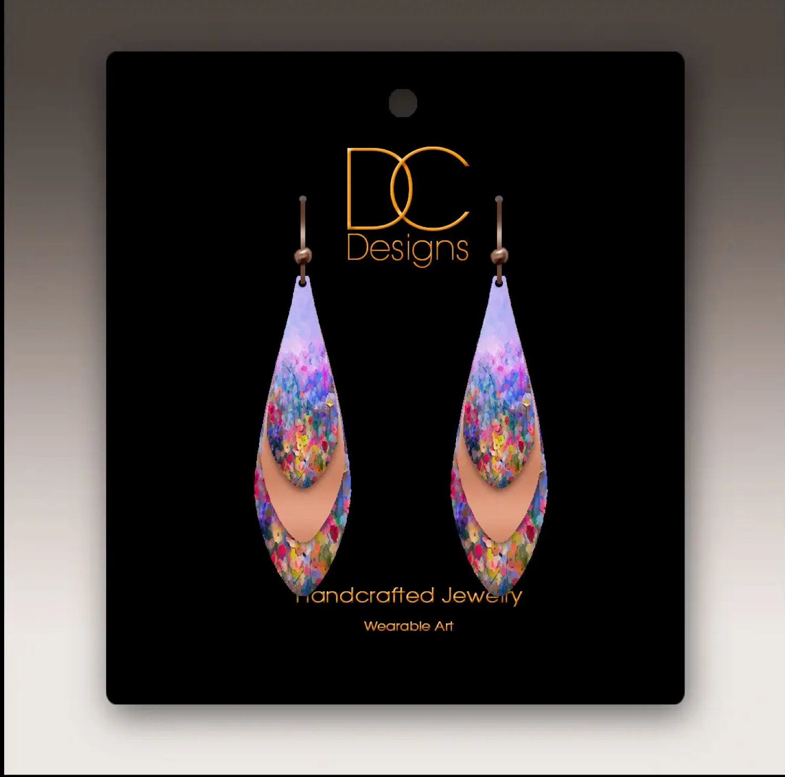 Illustrated Light Rainbow Floral Copper Accent Multi Layered Feather Earrings- DC EARRINGS