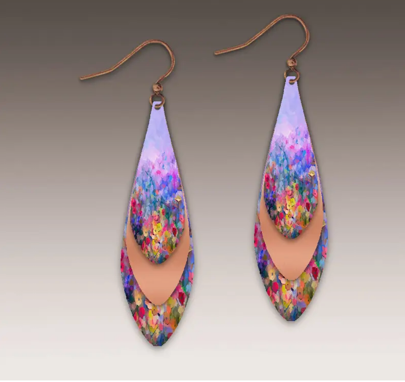 Illustrated Light Rainbow Floral Copper Accent Multi Layered Feather Earrings- DC EARRINGS