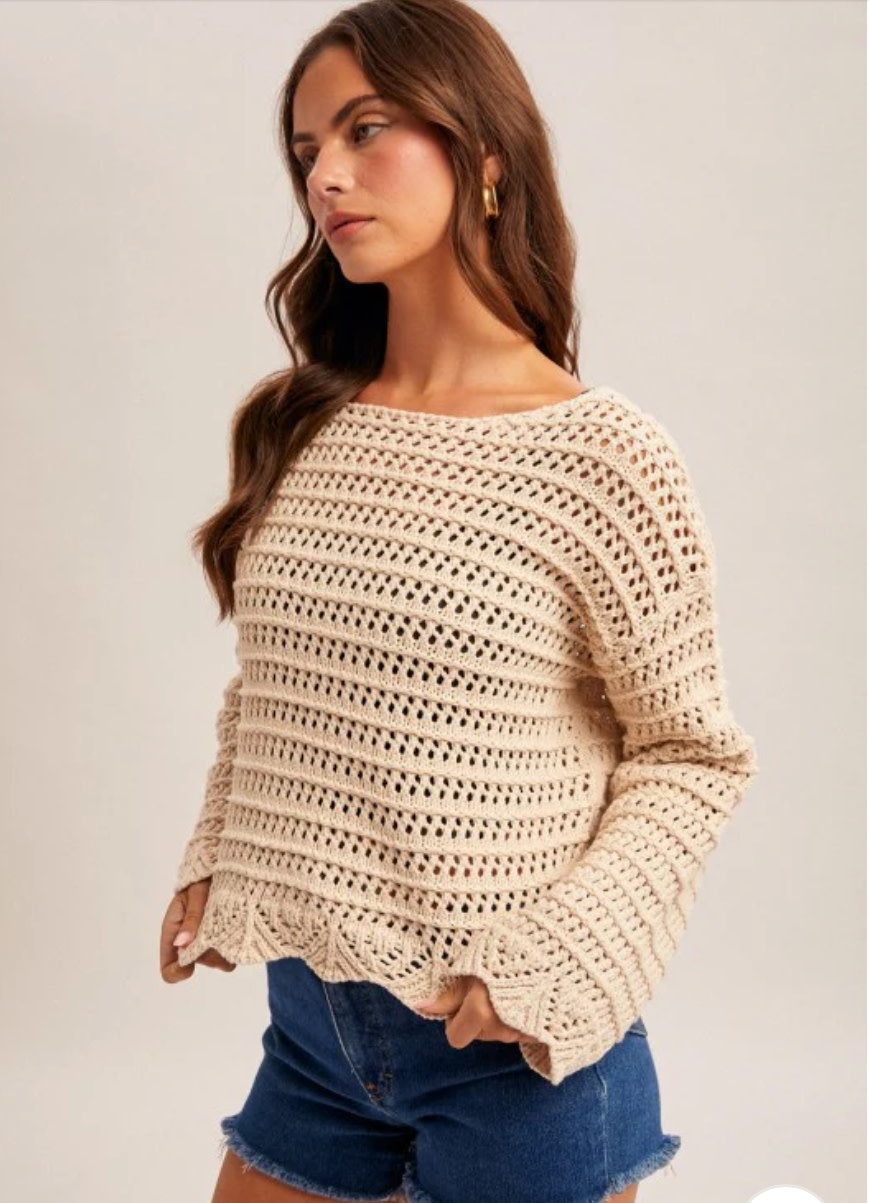 Hem & Thread Boatneck Wide Long Sleeves Scalloped Hem Open Knit Sweater