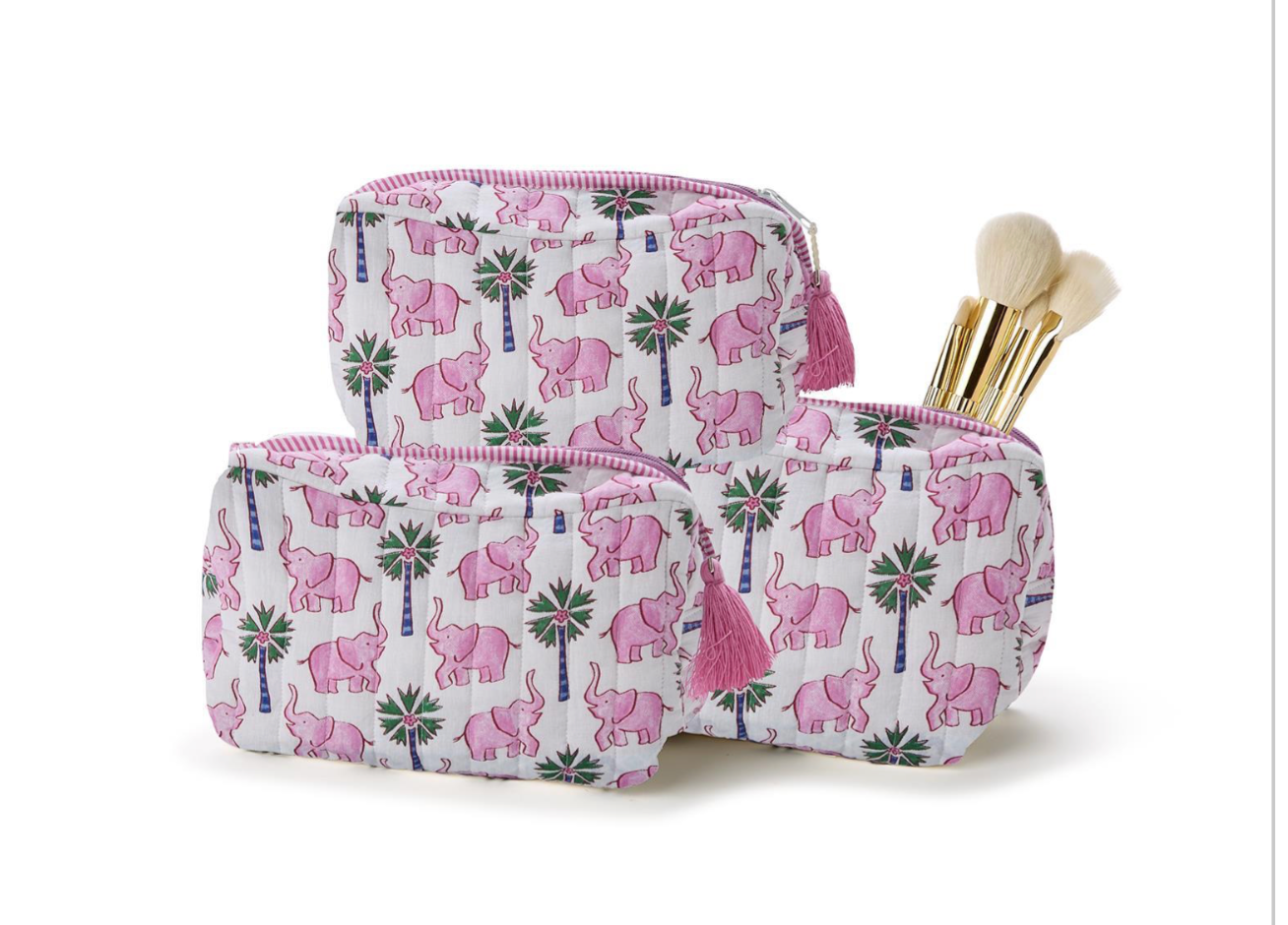 Two's Company Quilted Elephant Print Cosmetic and Accessories Pouch