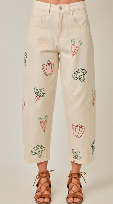 Mystree Veggie Embroidered Barrel Jeans