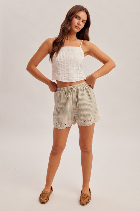Hem & Thread Elasticated Waist Ribbon Tie Embroidery Shorts