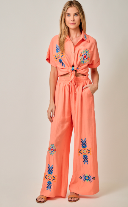 Mystree Embroidered Wide Leg Lounge Pants