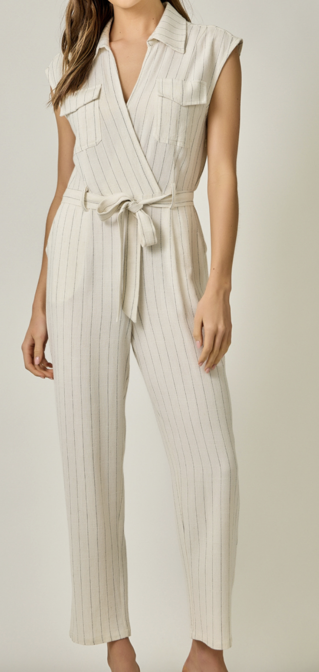 Mystree Belted Pinstripe Jumpsuit