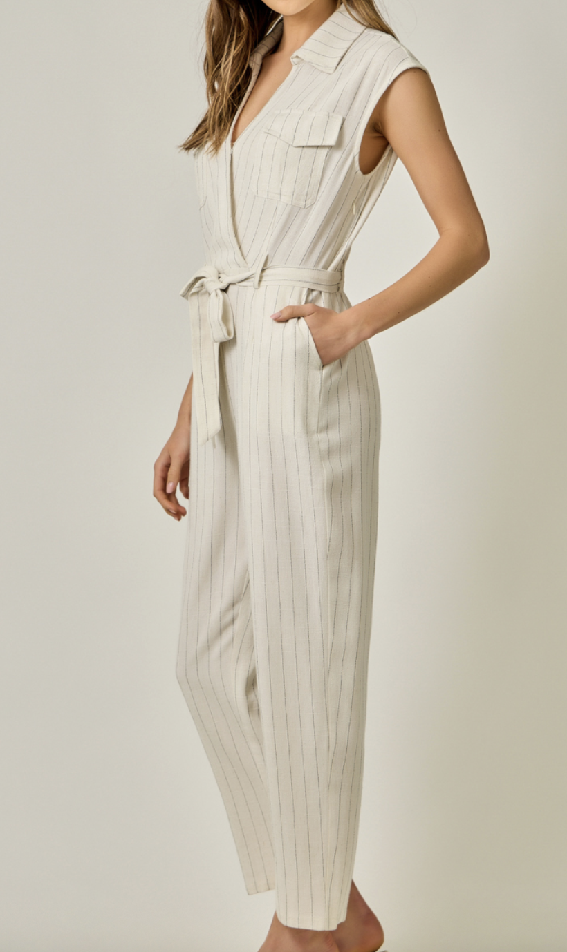 Mystree Belted Pinstripe Jumpsuit
