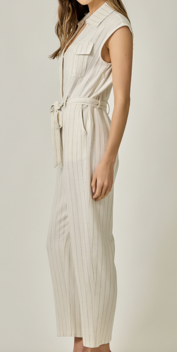 Mystree Belted Pinstripe Jumpsuit