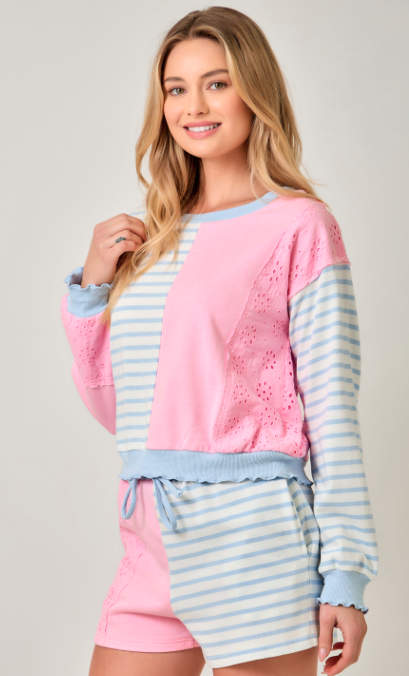 Mystree Pullover with Eyelet Contrast and Lettuce Hem