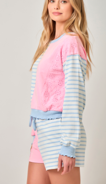 Mystree Pullover with Eyelet Contrast and Lettuce Hem