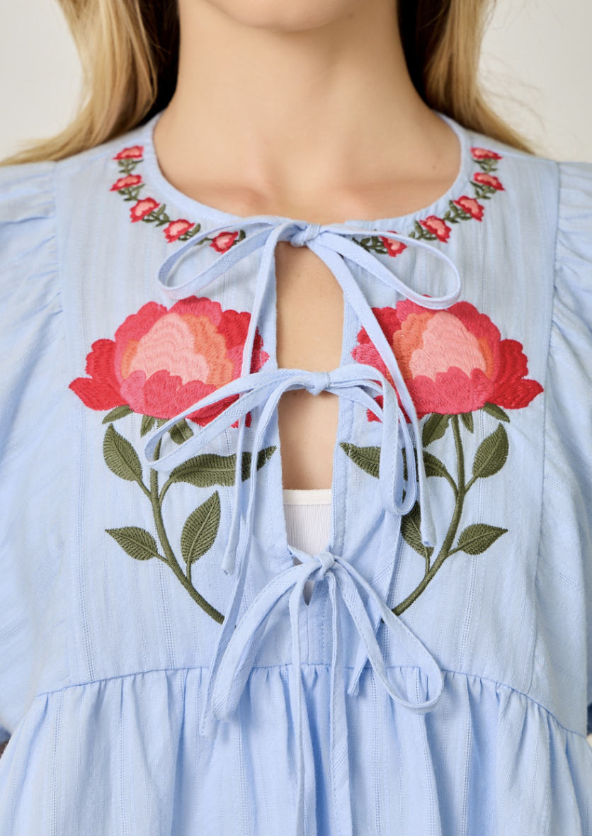 Mystree Short Sleeve Floral Embroidery Accent Peplum Blouse
