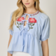 Mystree Short Sleeve Floral Embroidery Accent Peplum Blouse