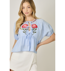 Mystree Short Sleeve Floral Embroidery Accent Peplum Blouse