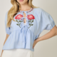 Mystree Short Sleeve Floral Embroidery Accent Peplum Blouse